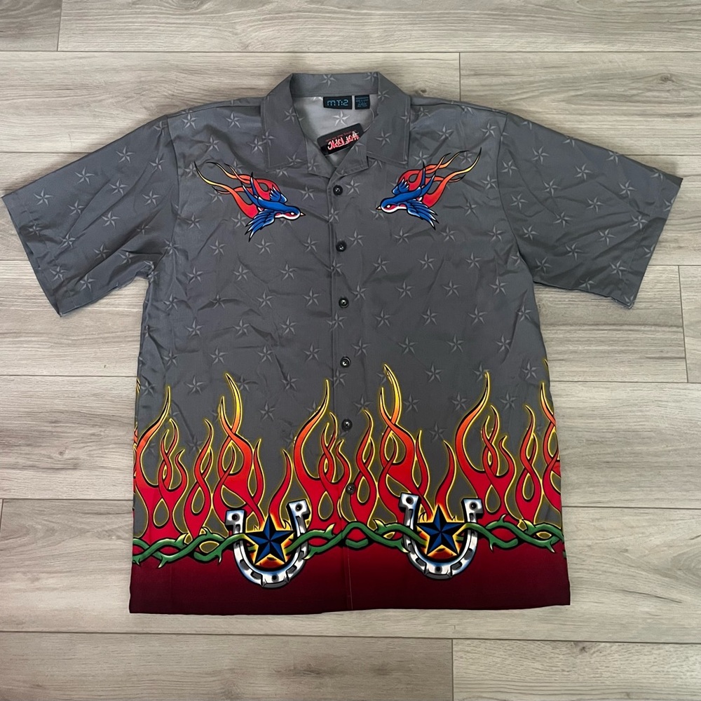 Vintage Y2K Bowling Shirt Mens XL Flames‎ Stars Sparrows Rockabilly Camp Shirt